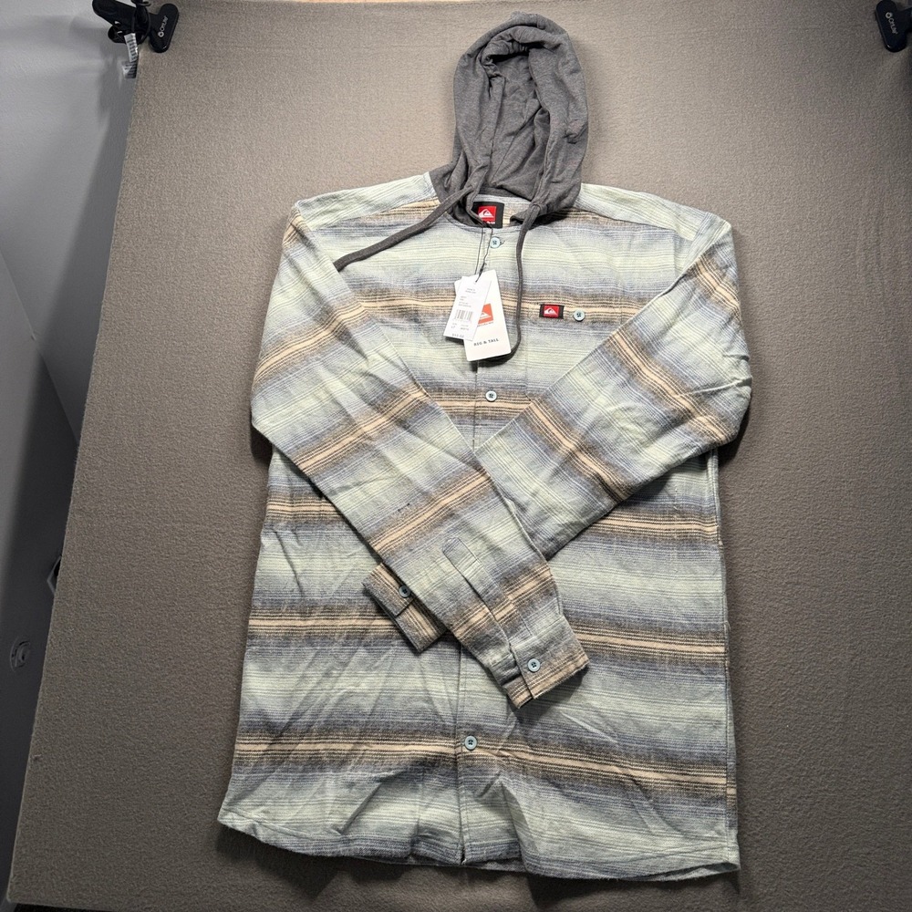 Quiksilver Hooded Shirt Men LT Mist Grey Striped Long Sleeve QSFLNHD01KL